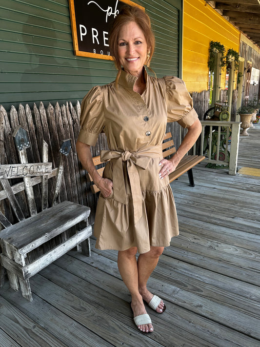 Short Puff Sleeve Button up with Tie Waist Mini Dress