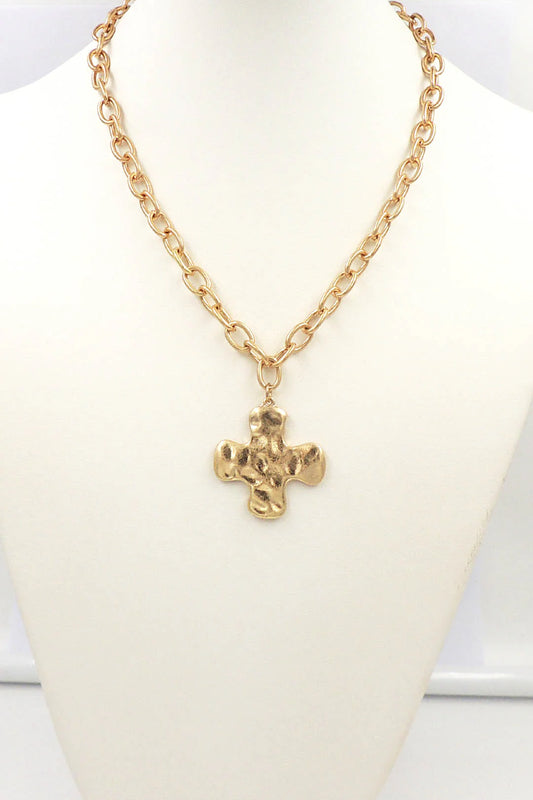 Hammered Gold Chain w/Hammered Cross Necklace