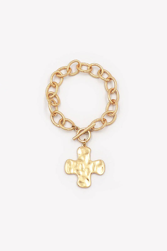 Worn Gold Link Toggle Bracelet w/Hammered Gold Cross Charm