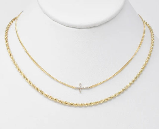 Gold Braided Chain w/Rhinestone Cross Layered Necklace