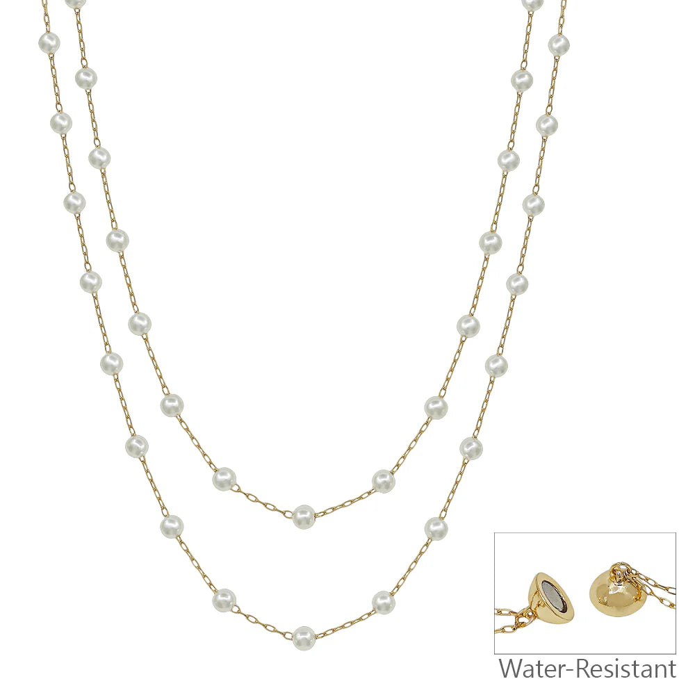 Water Resistant Gold Chain w/2MM Pearl Layered Magnetic Closure Necklace