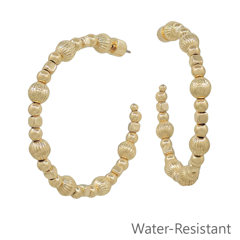 Water Resistant Graduated Gold Beaded Hoop Earrings