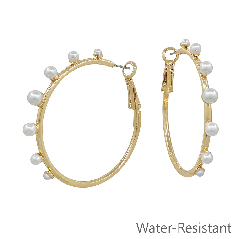 Water Resistant Pearl Graduated Beaded Hoop Earrings