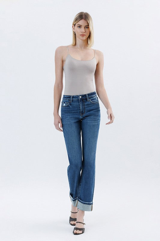 High Rise Dark Wash Cuffed Straight Jeans