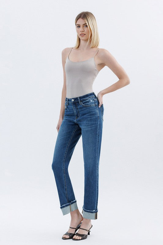 High Rise Dark Wash Cuffed Straight Jeans