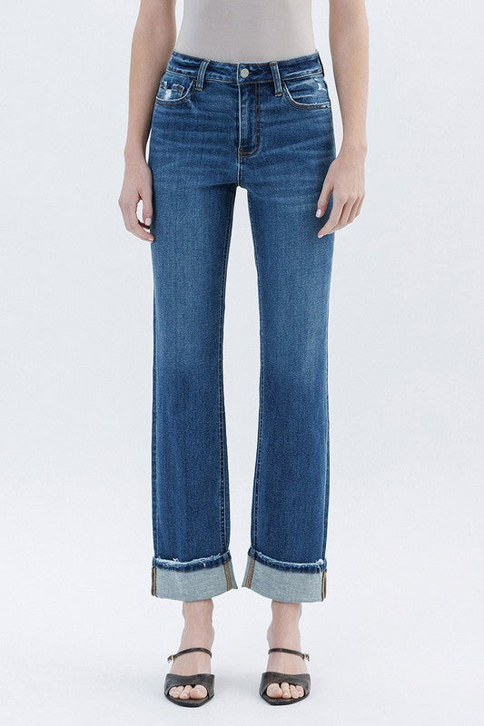 High Rise Dark Wash Cuffed Straight Jeans