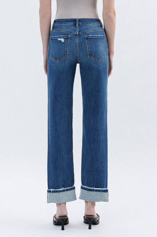 High Rise Dark Wash Cuffed Straight Jeans