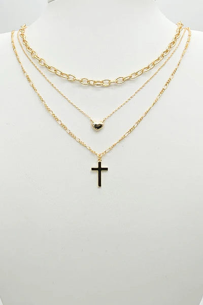 Gold Triple Layer w/Heart & Cross Necklace